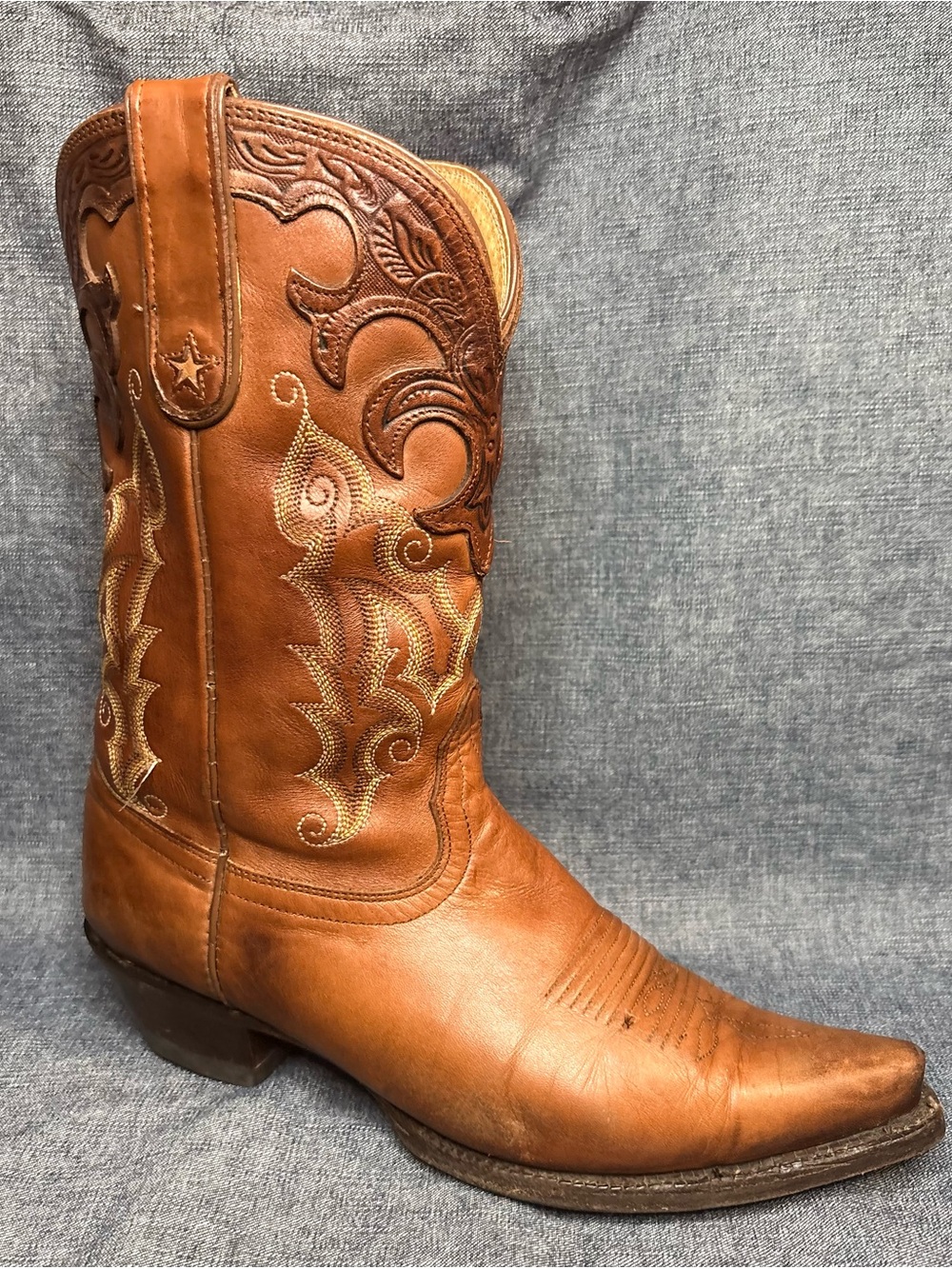 Tony Lama Women 8.5 Cowboy Boots Brown Leather W/ Tooled Overlays Pointed Toe